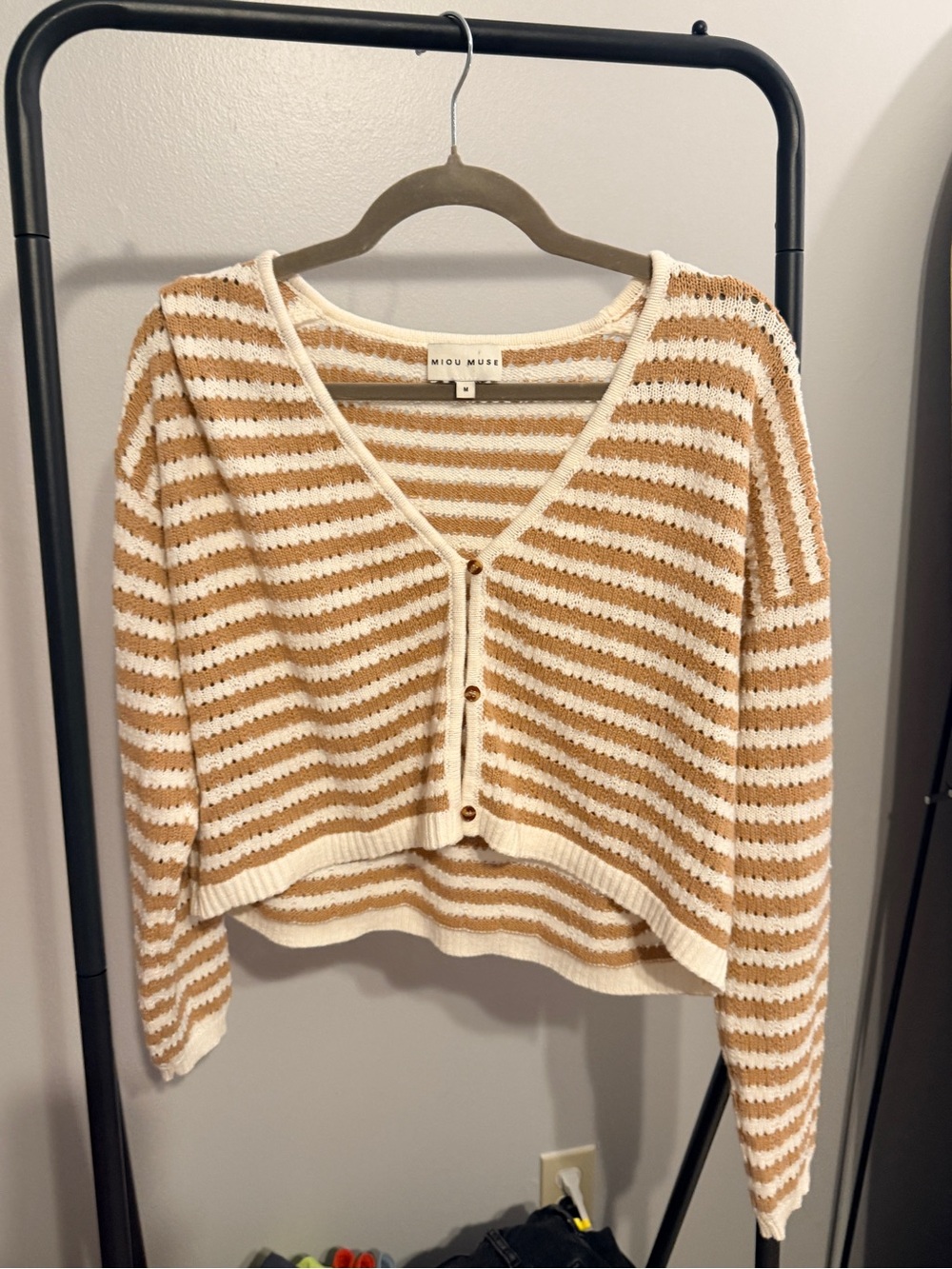 Miou Muse Cropped Cream and Tan Striped Button Cardigan